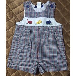 Samara Baby Boys Size 12M Zoo Monkey Lion Elephant Plaid Romper
